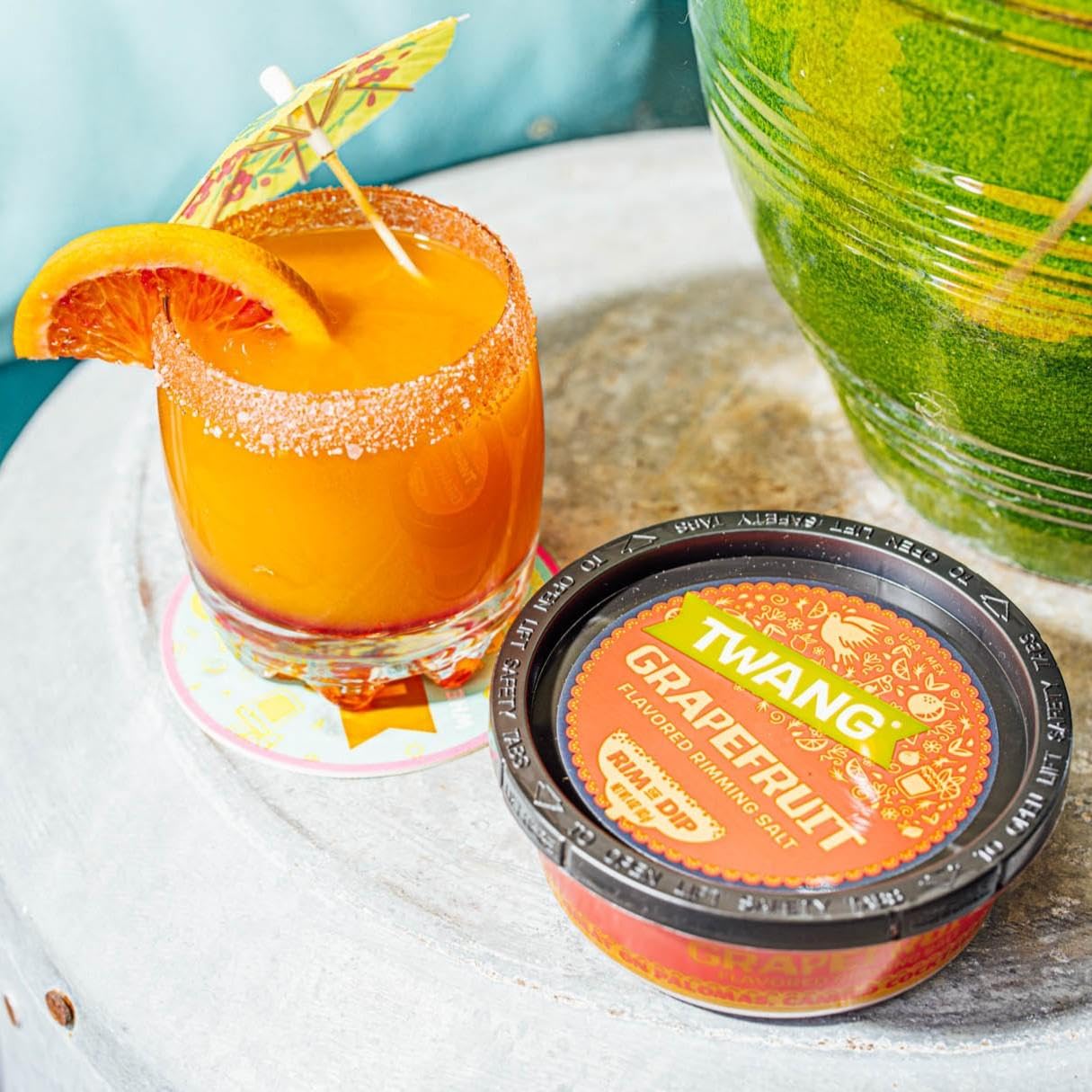 Twang Rimming Salt on a prepared margarita glass ready to sip.