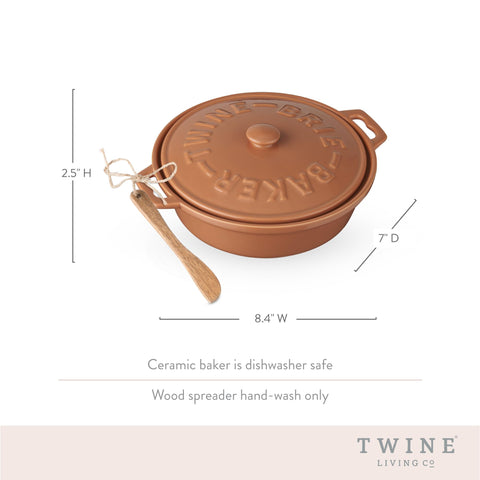 Twine brie dish viewed front, oven-safe bakeware for gatherings.