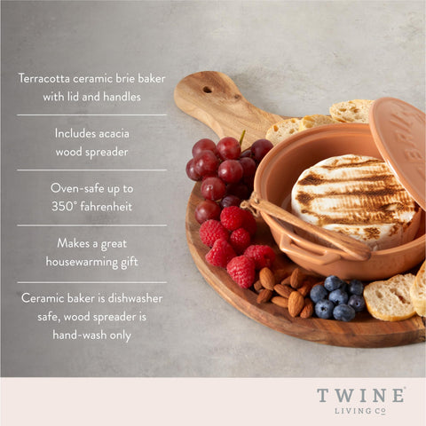 Twine terra cotta brie dish with wood spreader for elegant serving.