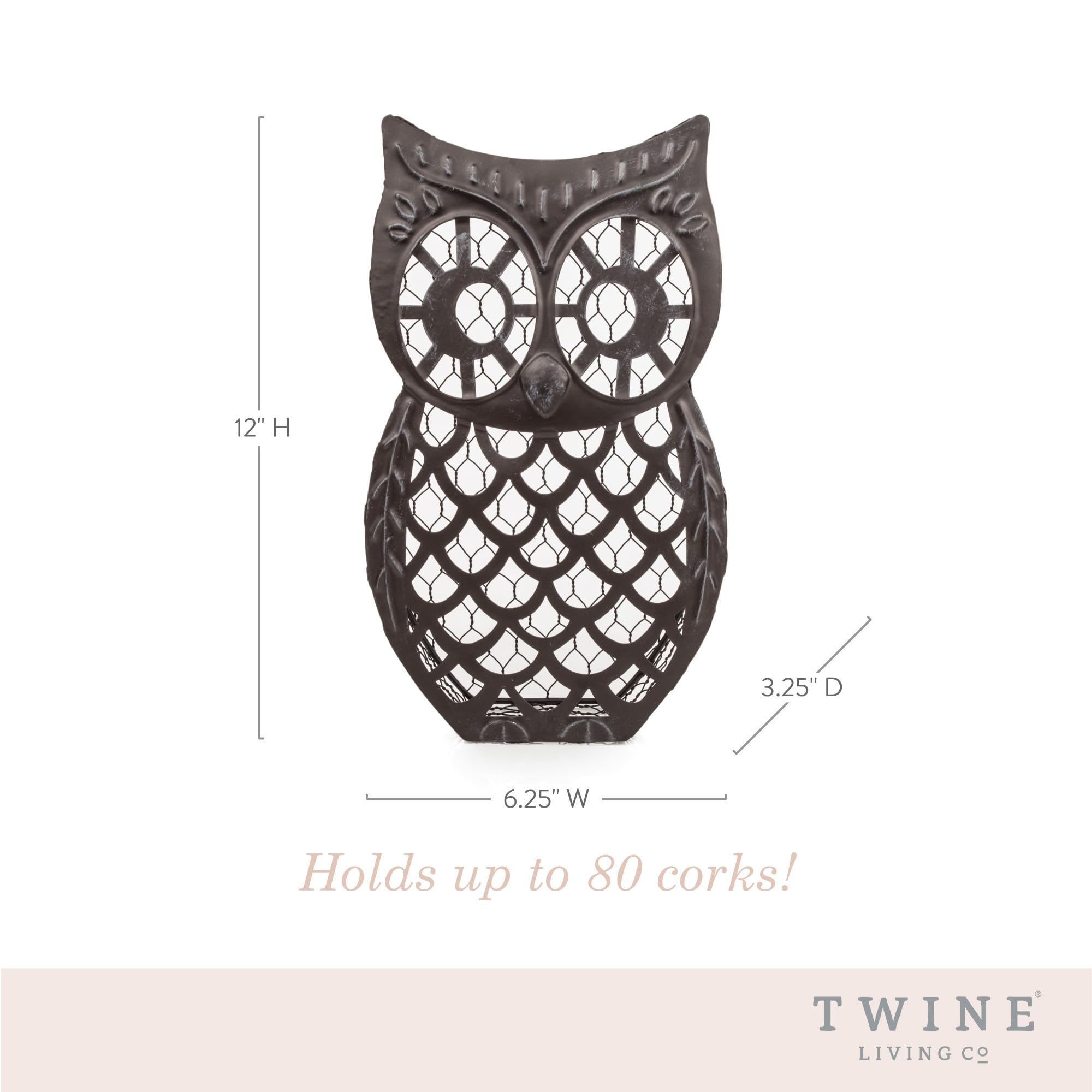 Twine Wise cork storage owl decor showcases corks on a shelf.