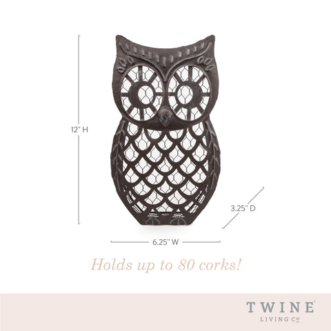 Twine Wise cork storage owl decor showcases corks on a shelf.