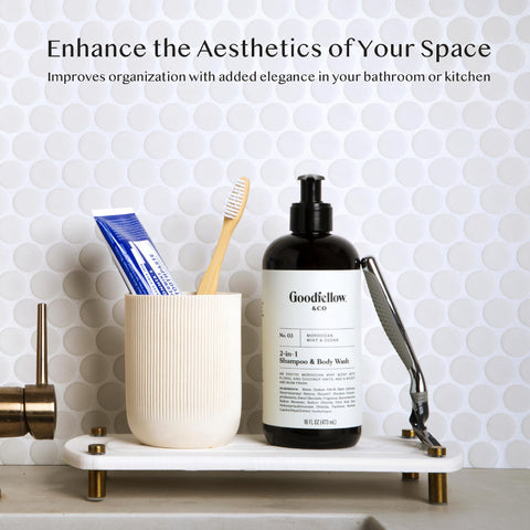 TWINKLE MOMENT two-tray set shown on counter helps organize soap, sponges, and bottles.