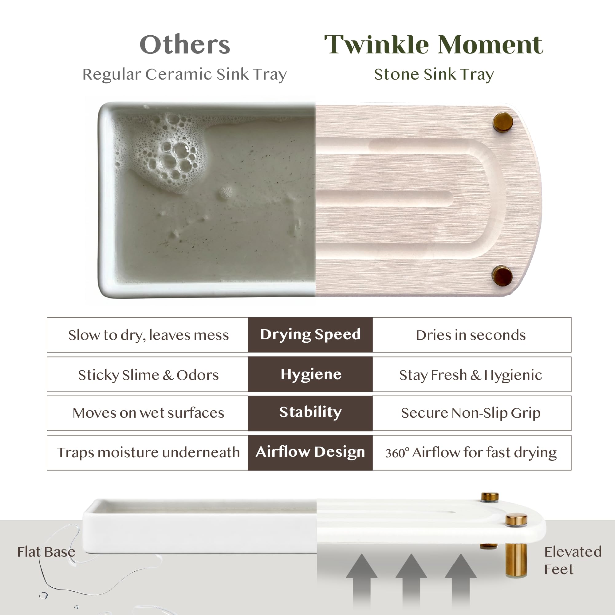 TWINKLE MOMENT white trays with gold legs fit kitchen counters and vanities.