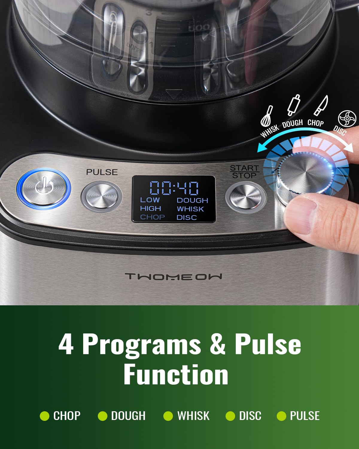 TWOMEOW Food Processor 12-cup bowl demonstrates large capacity for family cooking.