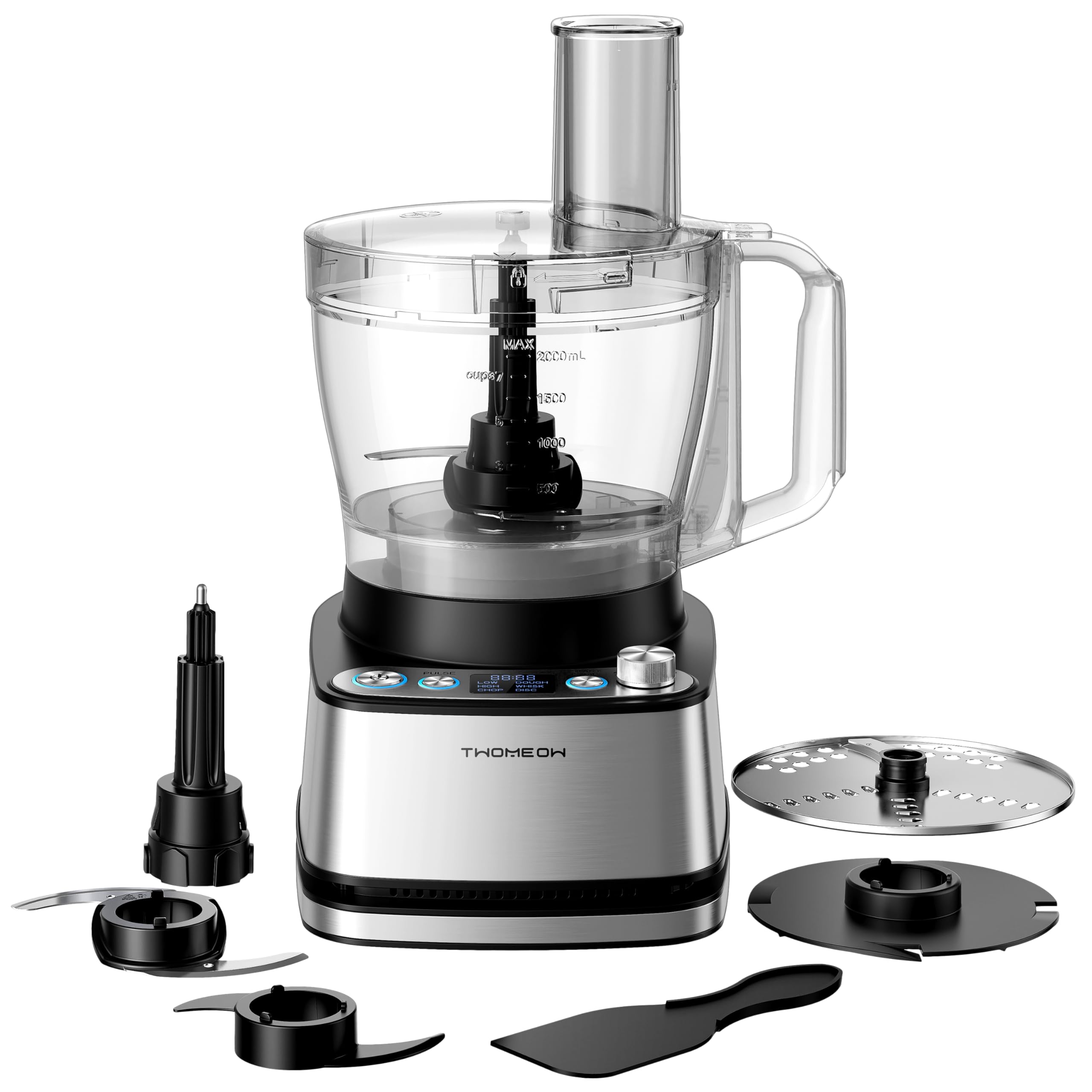 TWOMEOW Food Processor front-view shows sleek stainless steel build for quick meals.