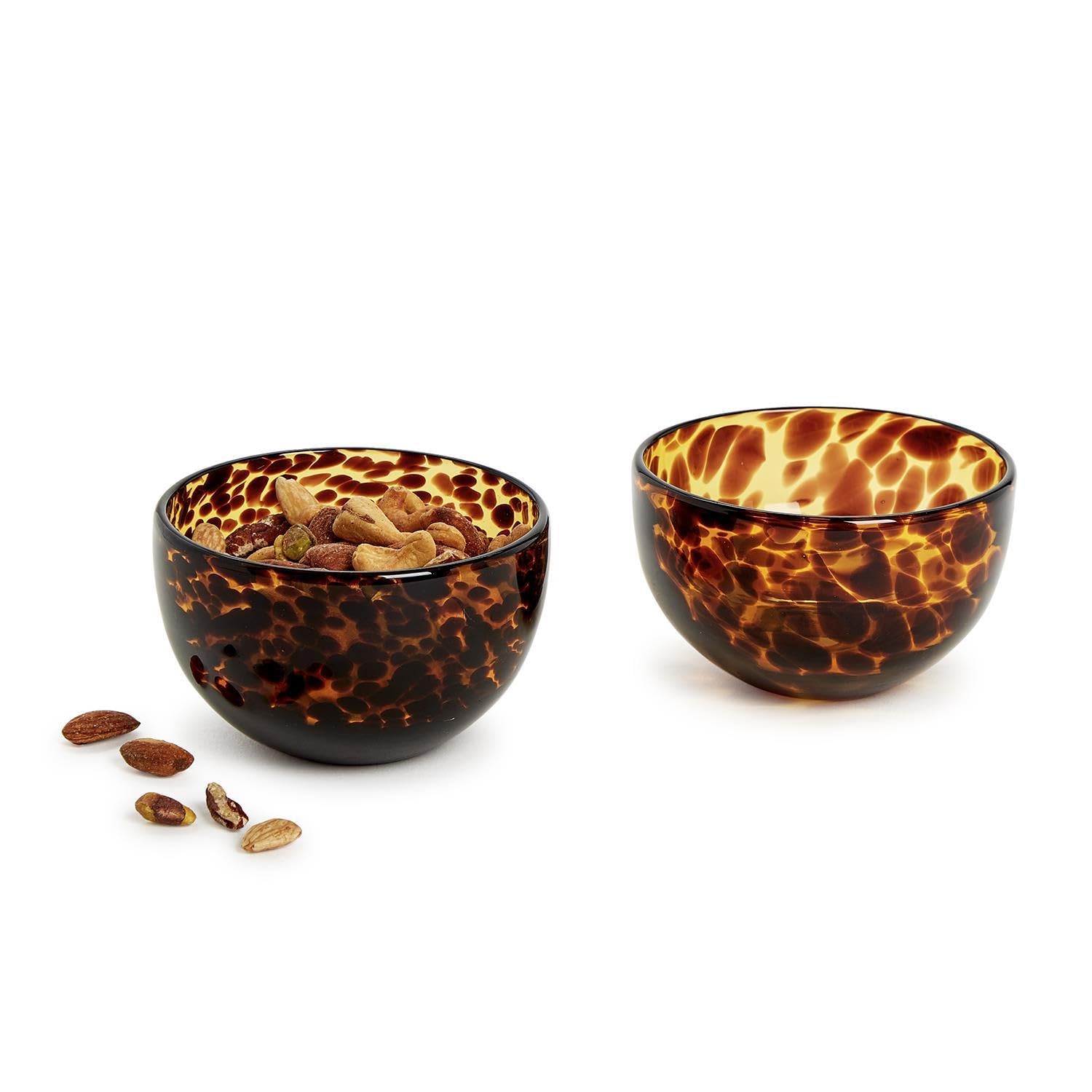Two's Company durable glass tortoise print tidbit bowl close-up, highlighting durability.
