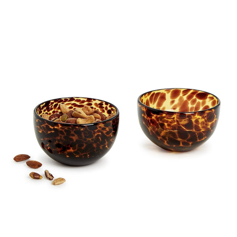 Two's Company durable glass tortoise print tidbit bowl close-up, highlighting durability.