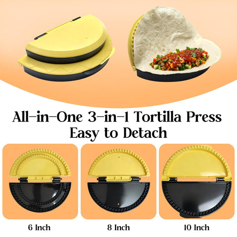 Twostubir 3in1 tortilla press in action shaping tortillas for burritos and tacos