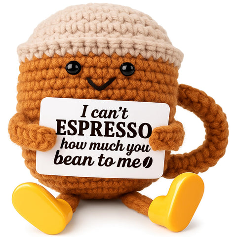 TWPER handmade crochet coffee cup on a desk, a cozy desk companion for coffee lovers