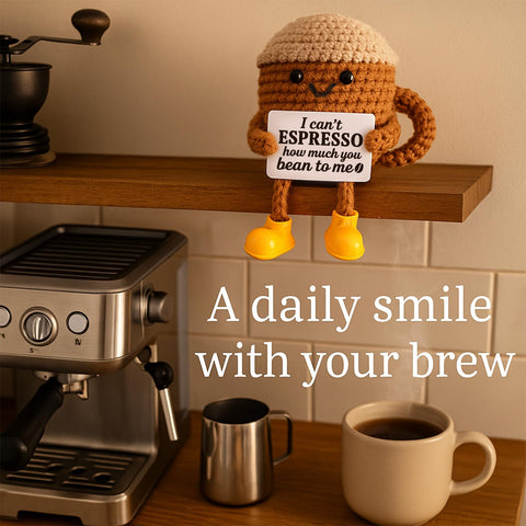 TWPER side-view crochet coffee cup adds whimsy to shelves and workspaces