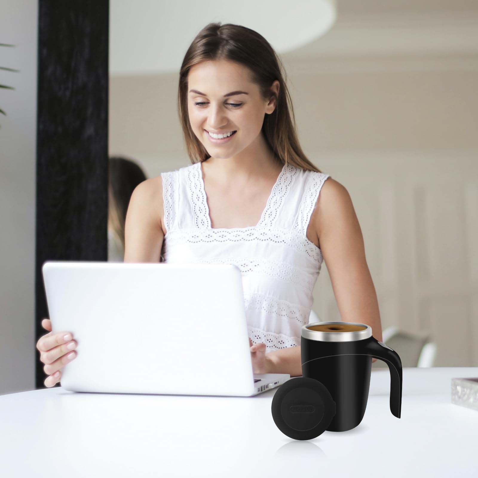 TXLOOK self-stirring mug on office desk ready for caffeine boosts