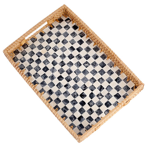 Tynulox rectangle rattan tray with black checkerboard enhances coffee-table styling
