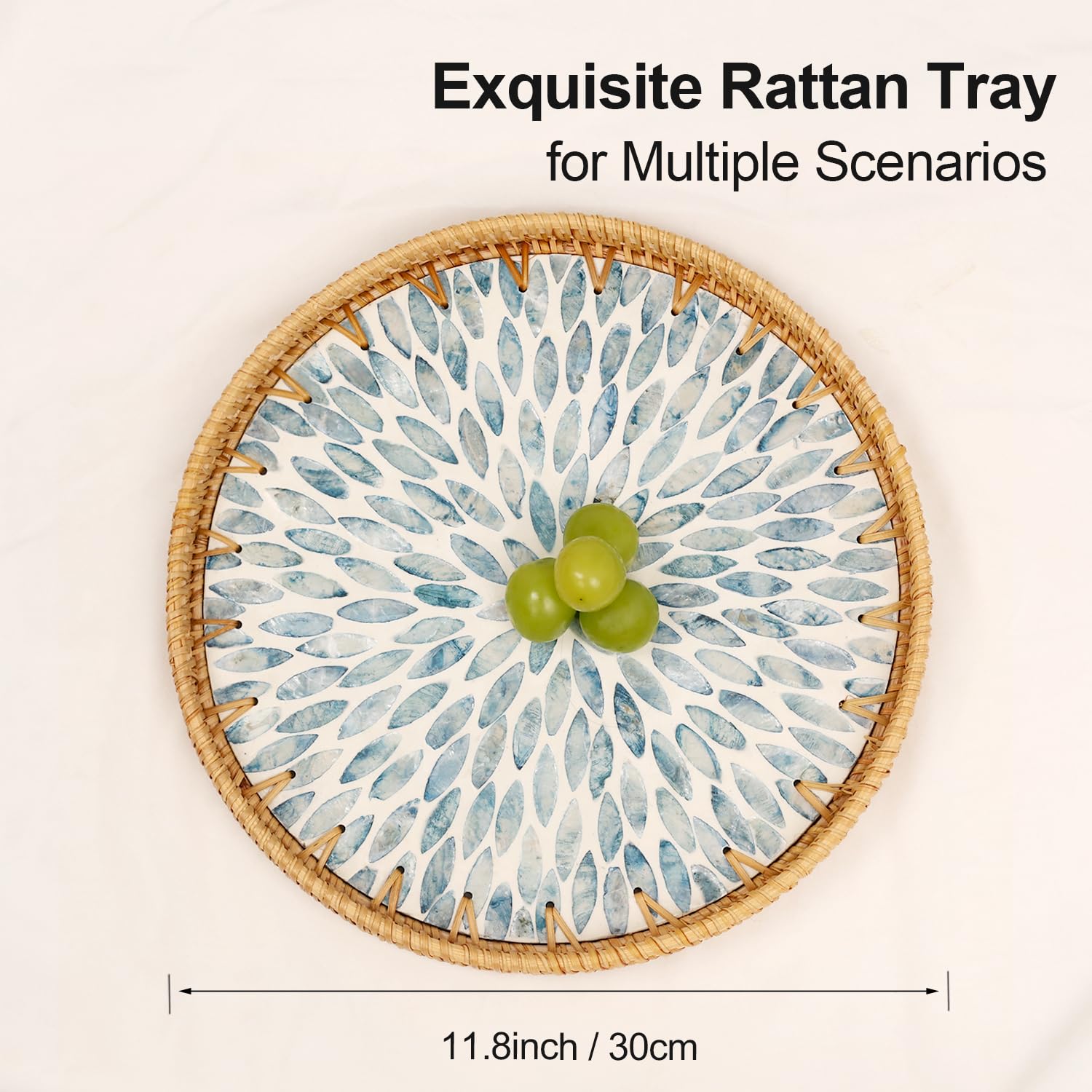 Tynulox handwoven rattan with pearl inlay adds texture and charm.