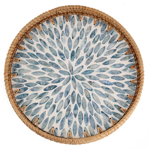 Tynulox round rattan tray with mother-of-pearl inlay and light blue leaves for elegant table decor.