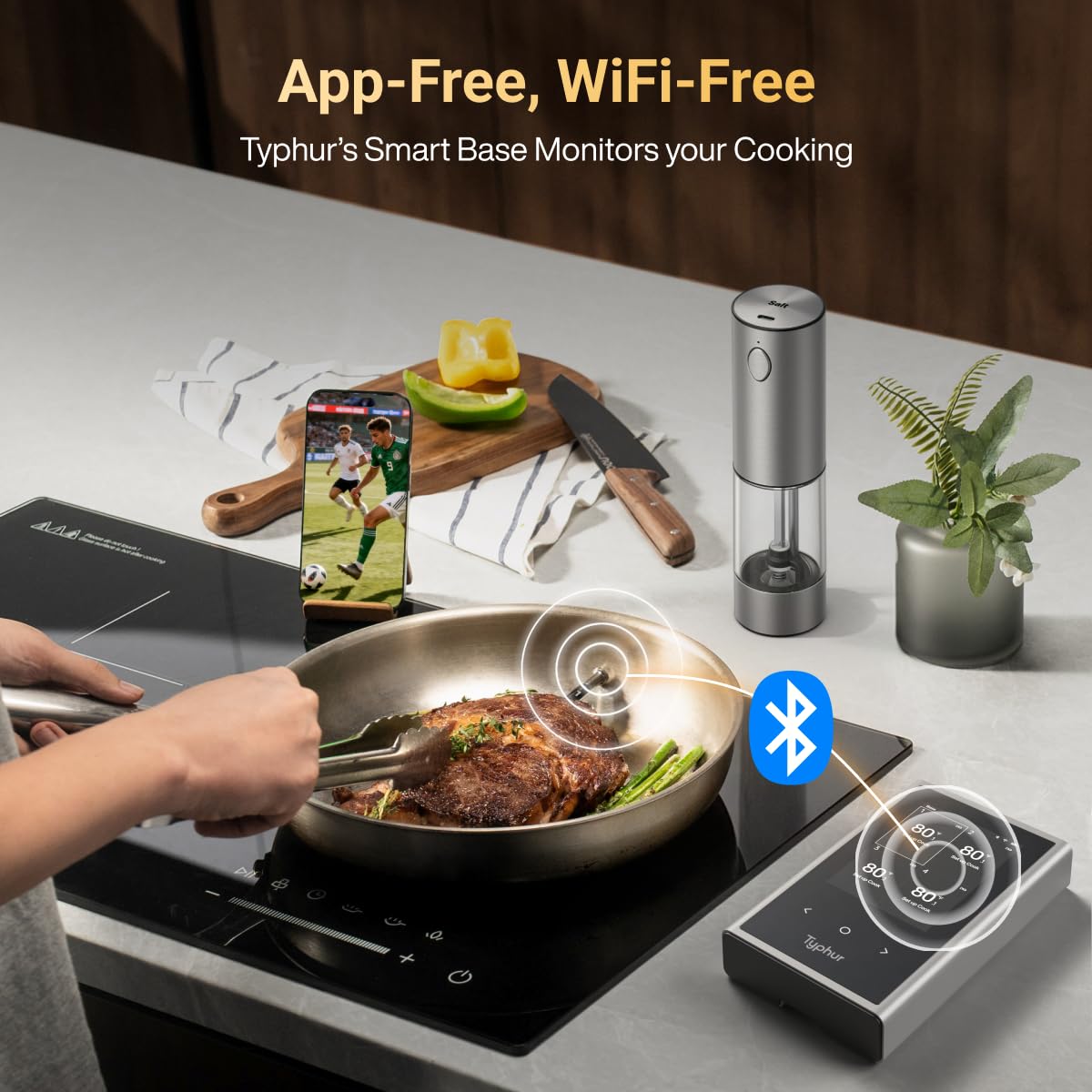Typhur Sync IPX8 waterproof design withstands splashes during outdoor grilling.