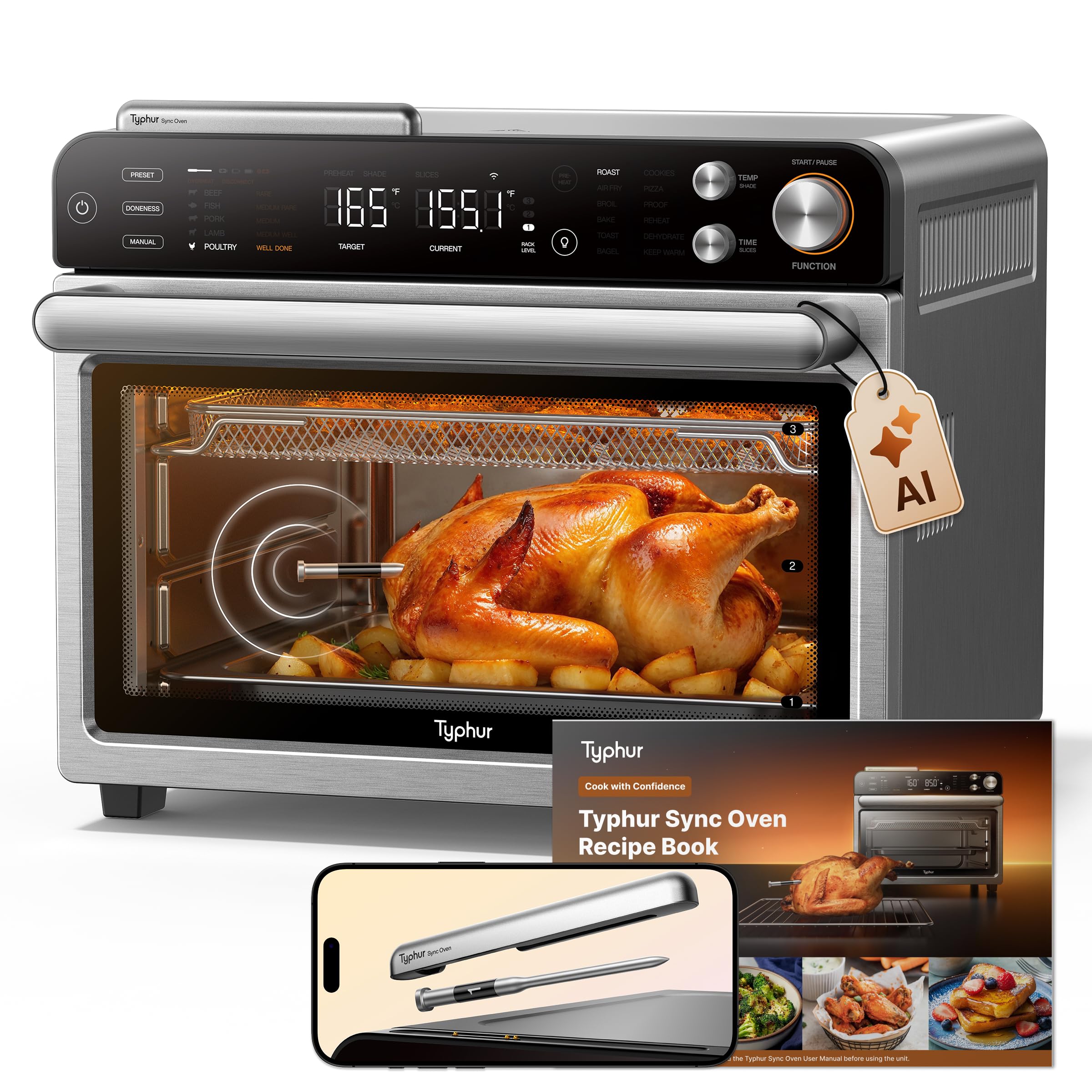 Typhur Sync Oven front view with wireless probe for real-time temperature tracking.