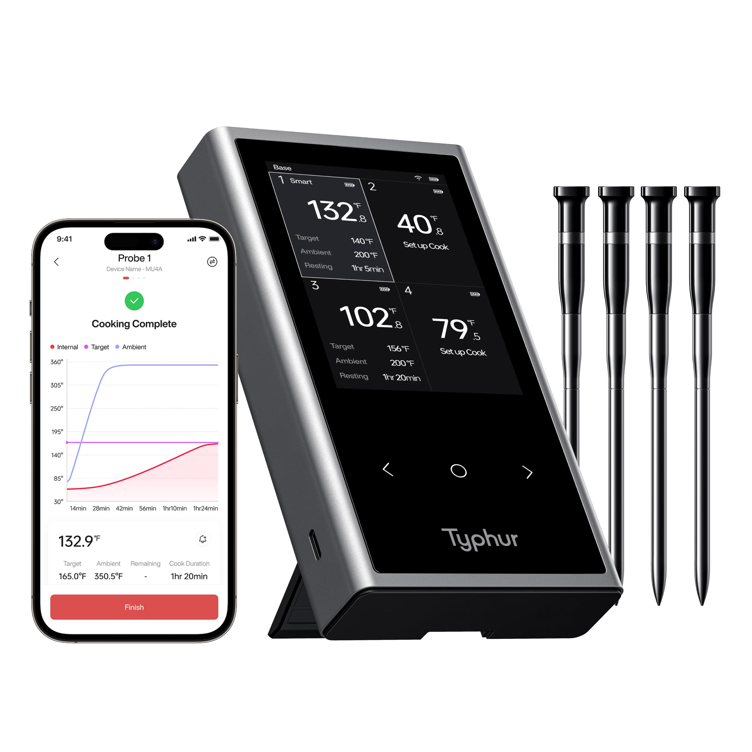 Typhur Sync quad probes monitor doneness precisely for BBQ and grilling.