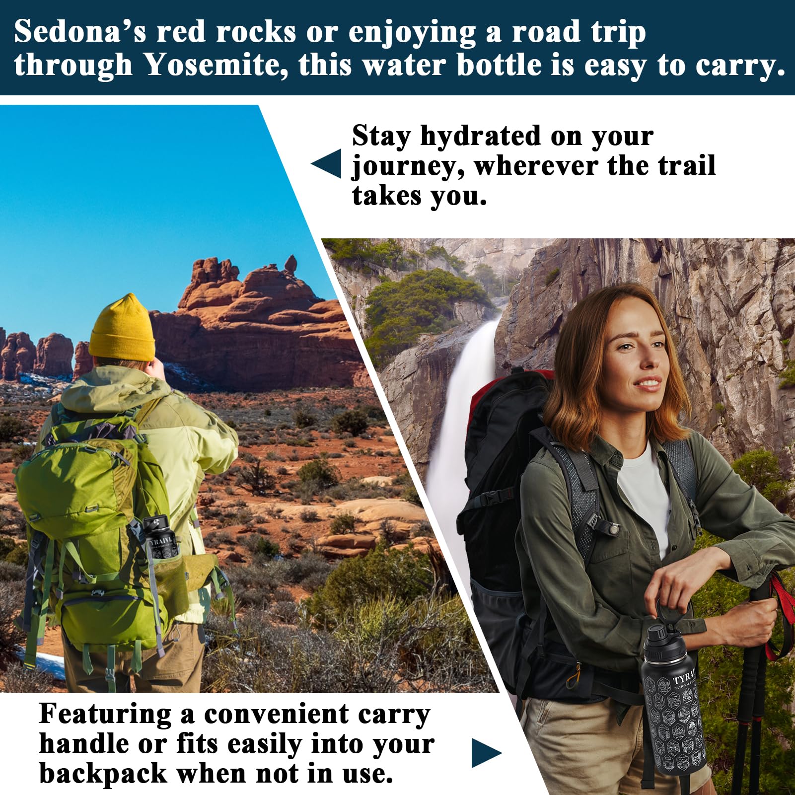Tyraivl bottle with carry handle and dual lids for easy hydration on the go.
