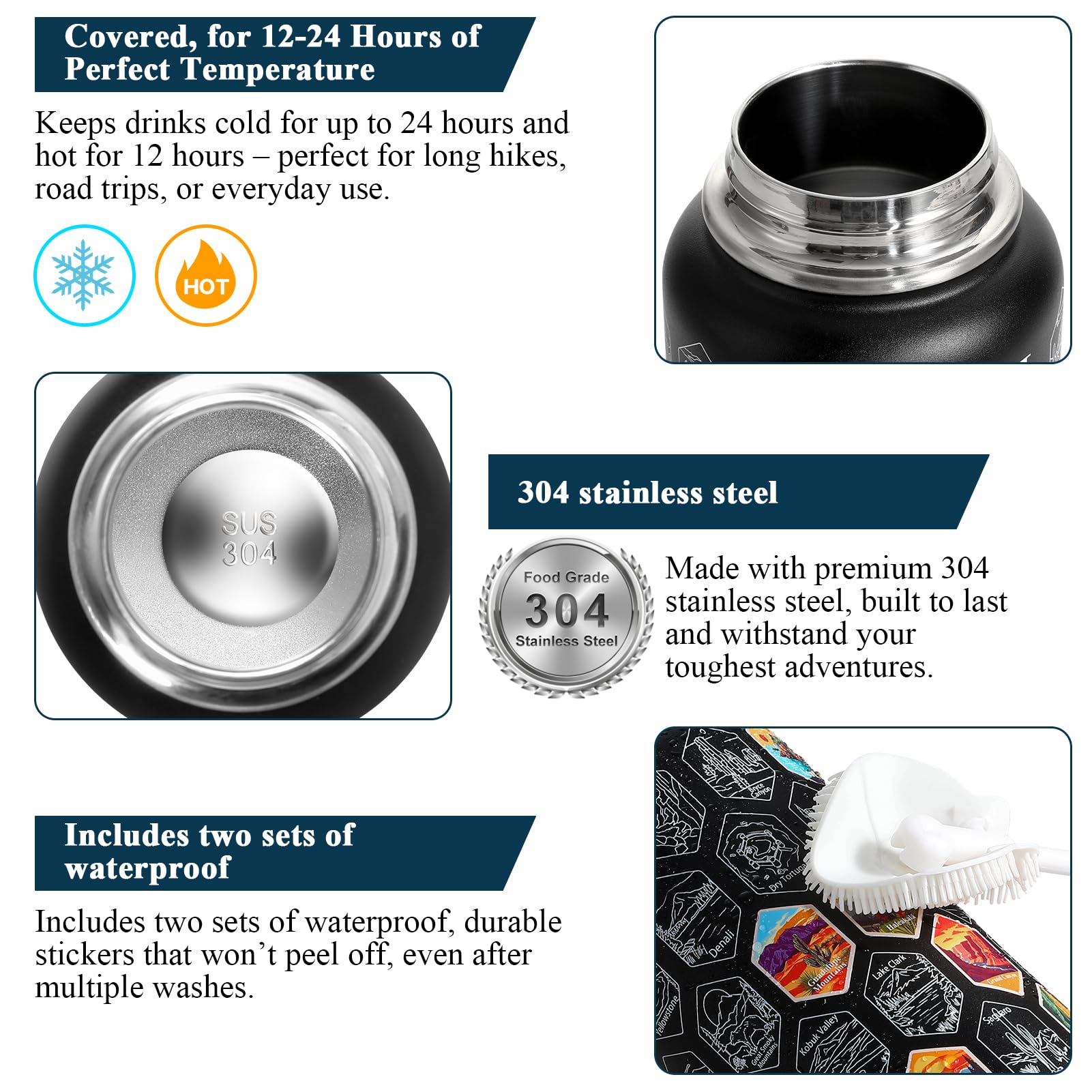 Tyraivl insulated bottle with two lids supports hot or cold drinks on outdoor adventures.