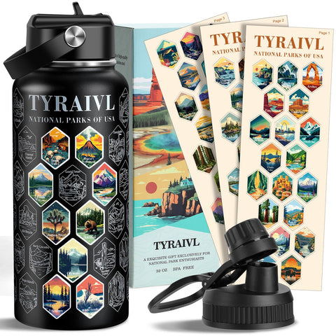 Tyraivl National Parks bottle with sticker sets marks visited parks for memorable sips.