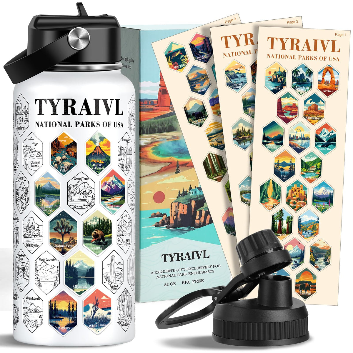 Tyraivl National Parks 32oz bottle for hiking and long outdoor trips.