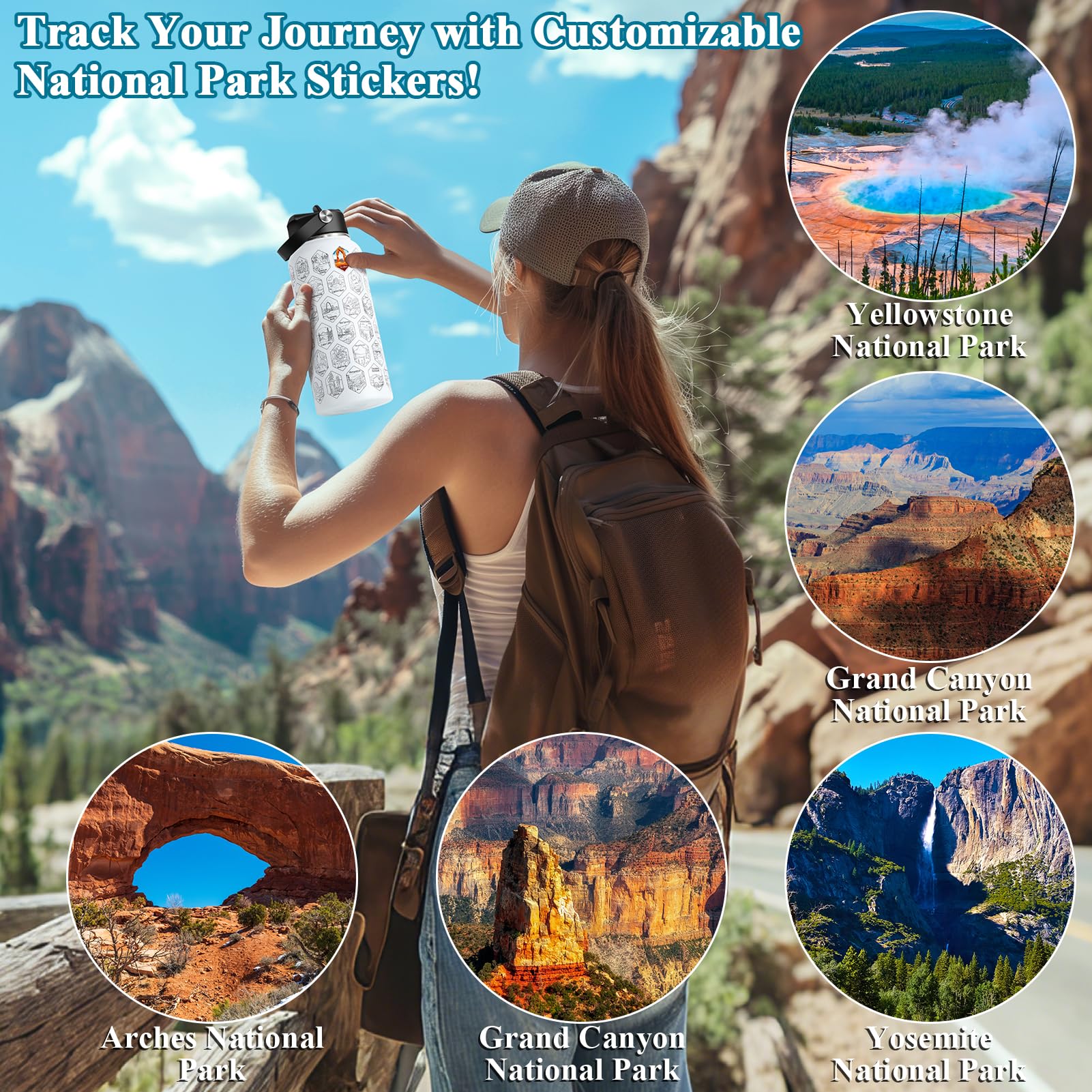 Tyraivl water bottle sticker sets personalize each park visited.