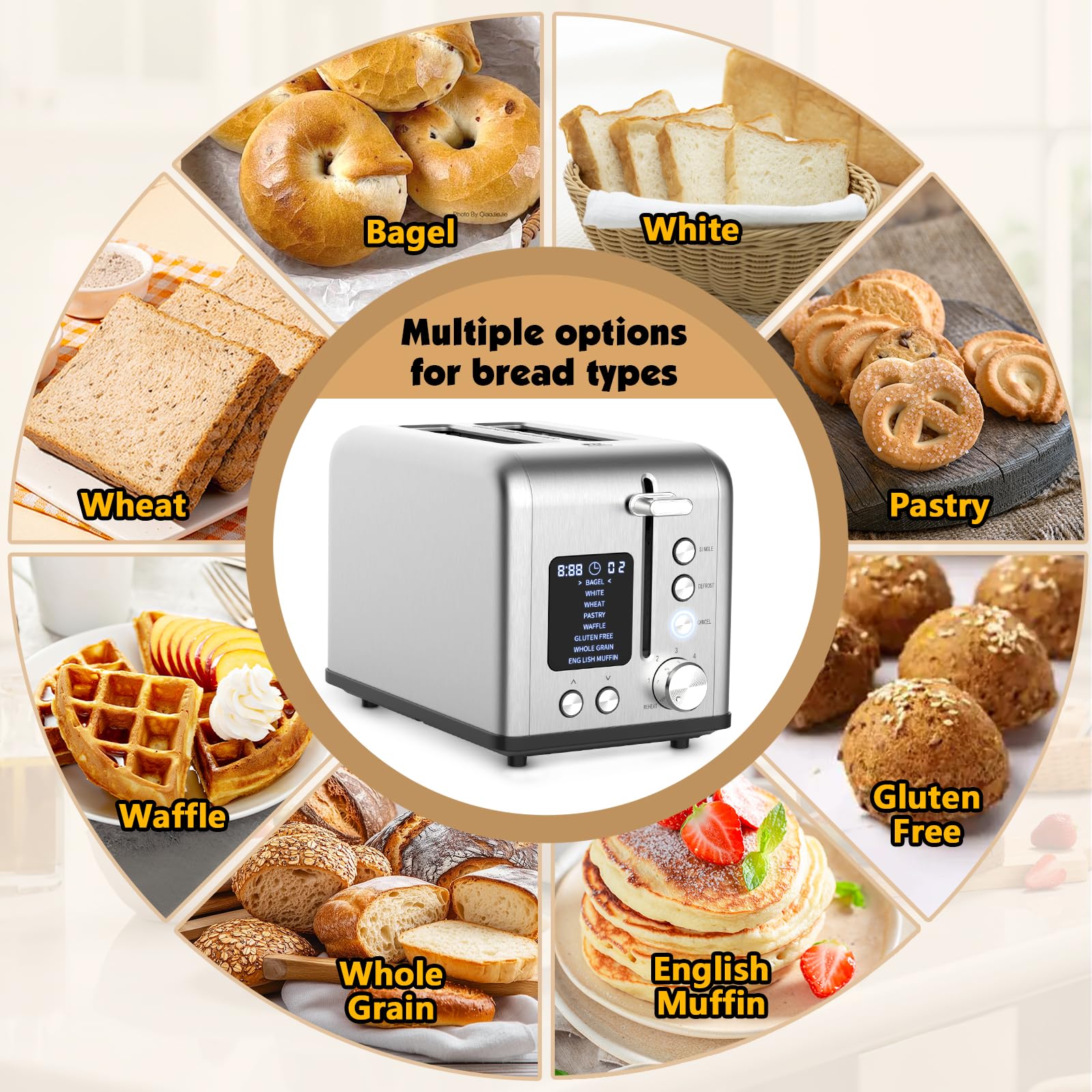 Tyyaefy bagel toaster defrost/reheat timer helps prep efficiently.