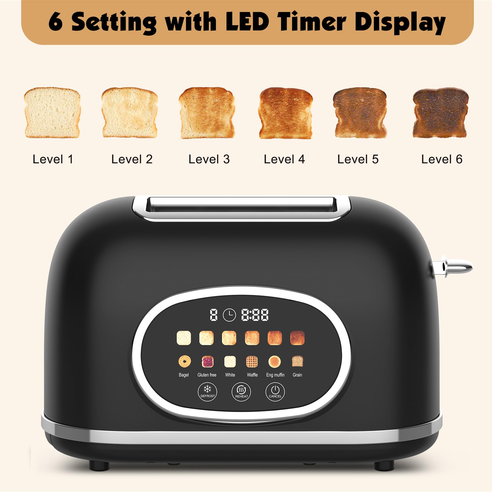 Tyyaefy matte black finish complements retro kitchen vibes in the smart toaster.