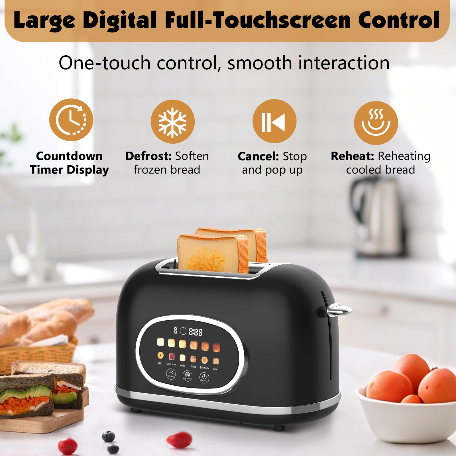 Tyyaefy toaster touch screen panel for easy browning and mode selection on the counter.