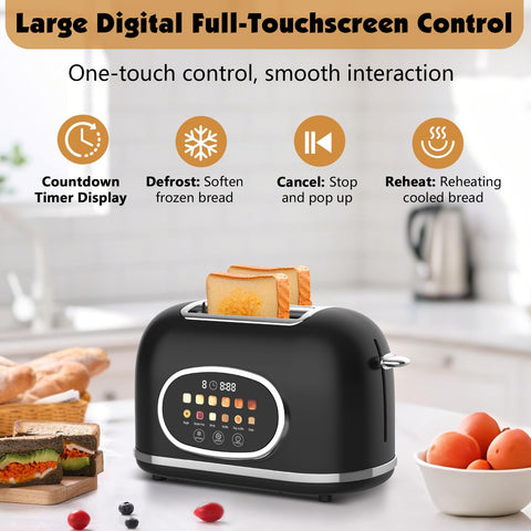Tyyaefy toaster touch screen panel for easy browning and mode selection on the counter.