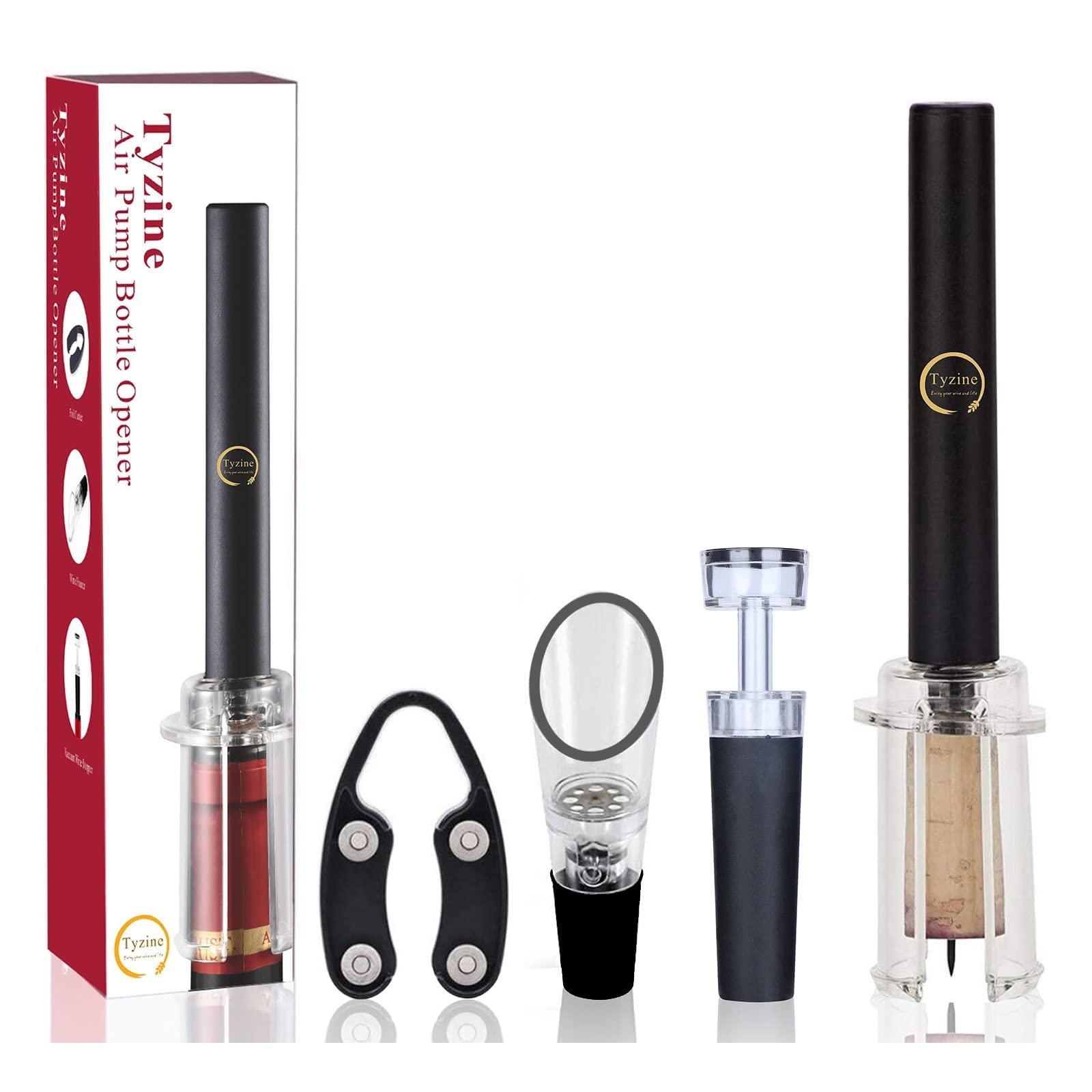 Tyzine air pressure pump bottle opener with foil cutter for quick cork removal.