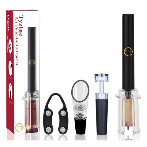 Tyzine air pressure pump bottle opener with foil cutter for quick cork removal.