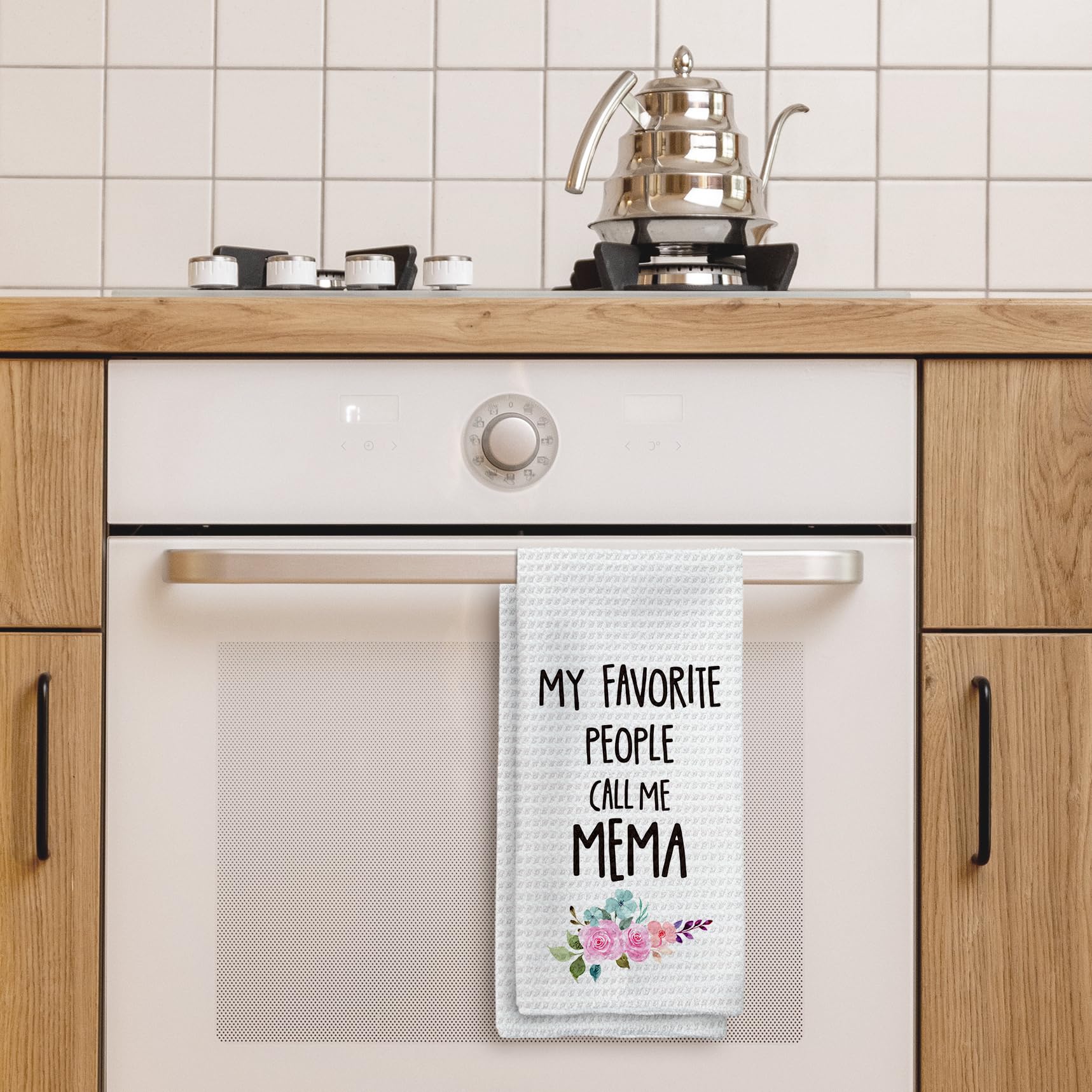 Tzhim Mema Gifts housewarming towel pattern adds charm during cleanup tasks.