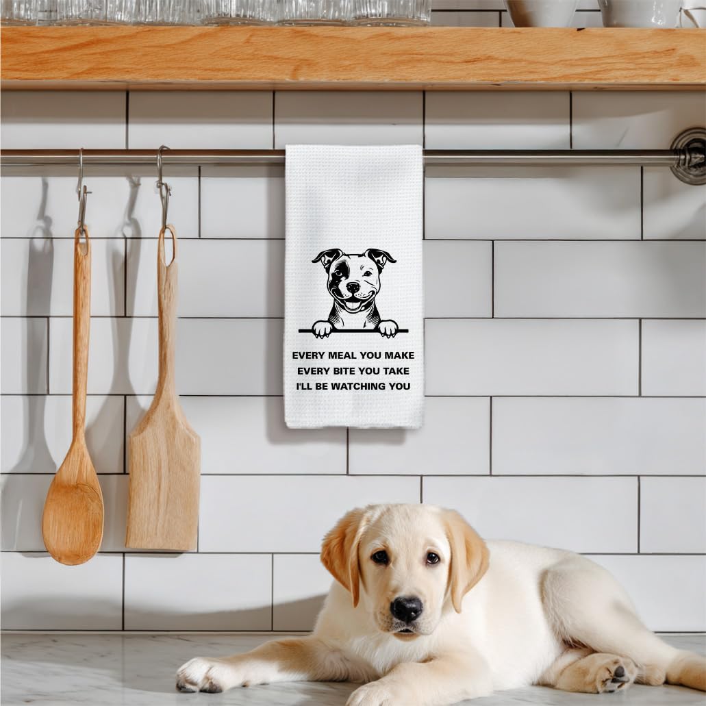 Tzhim Pitbull Gifts kitchen towel holiday motif, enhances gift-ready presentation.