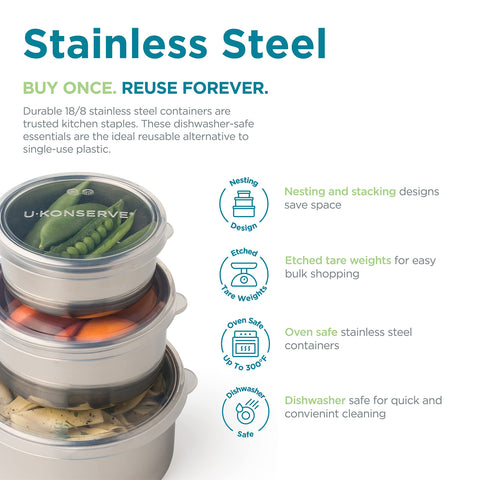 U Konserve lid shows silicone seal for leak-proof storage.