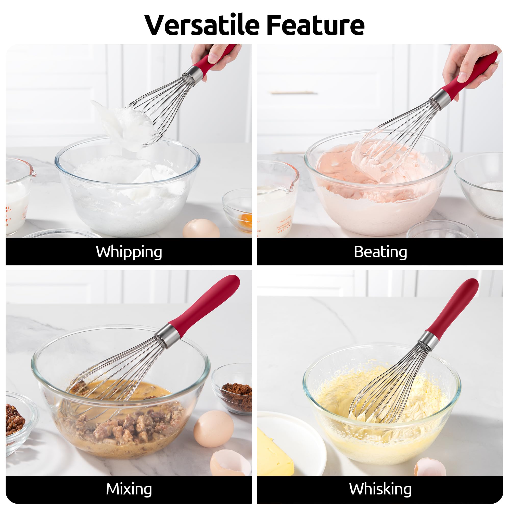 U-Taste Balloon Whisk in red finish adds kitchen color.