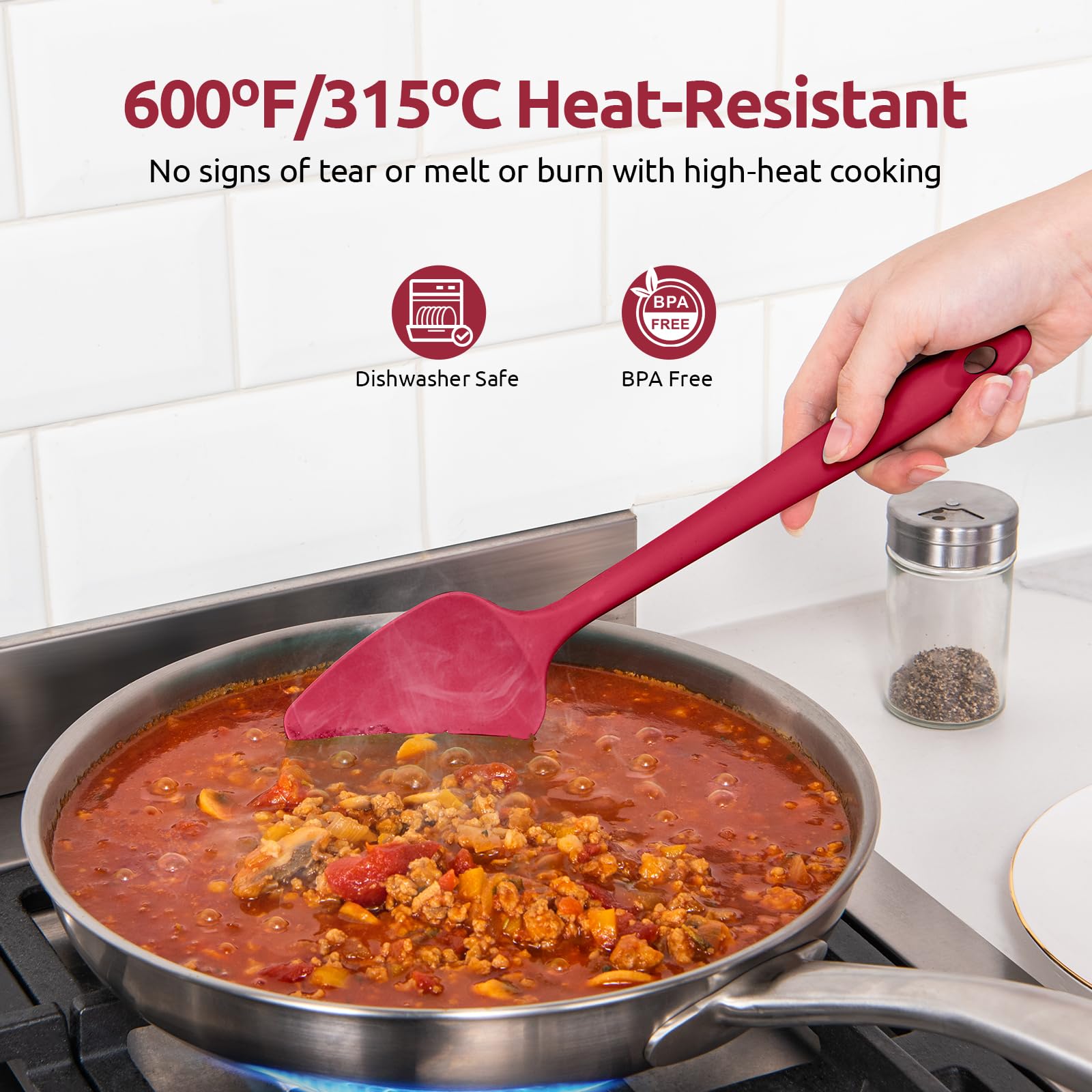 U-Taste red 3-piece set beside nonstick pan highlights flexible scraping blade