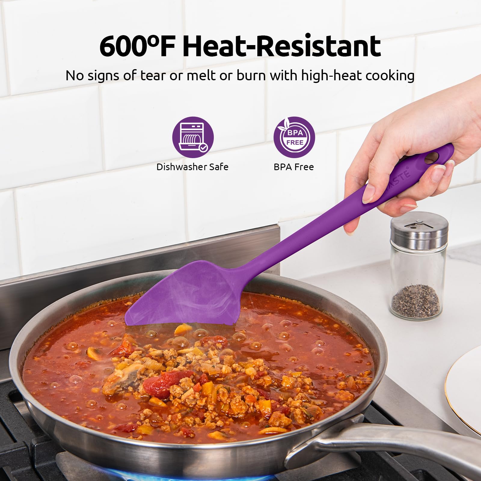 U-Taste flexible spatula reaches bowl corners for thorough scraping.