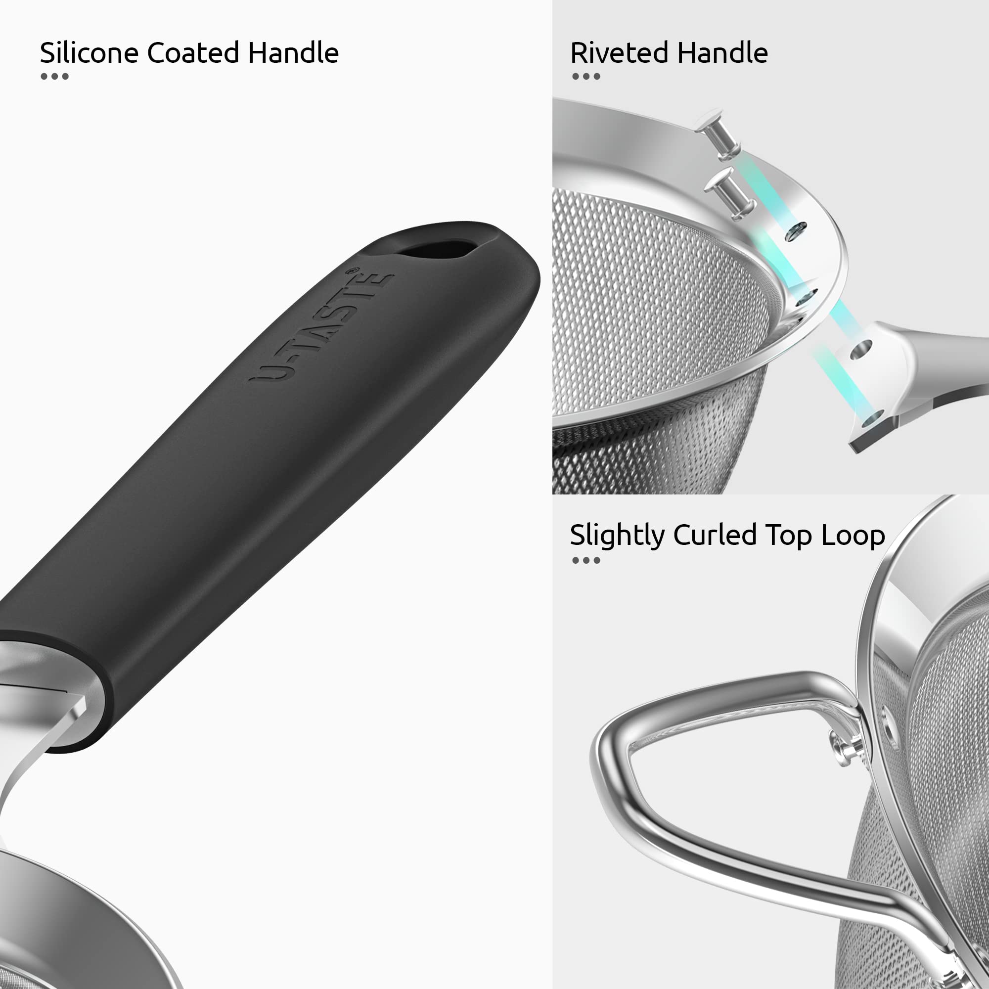 U-Taste medium 5.5-inch strainer ideal for flour, sugar, and pasta rinsing.