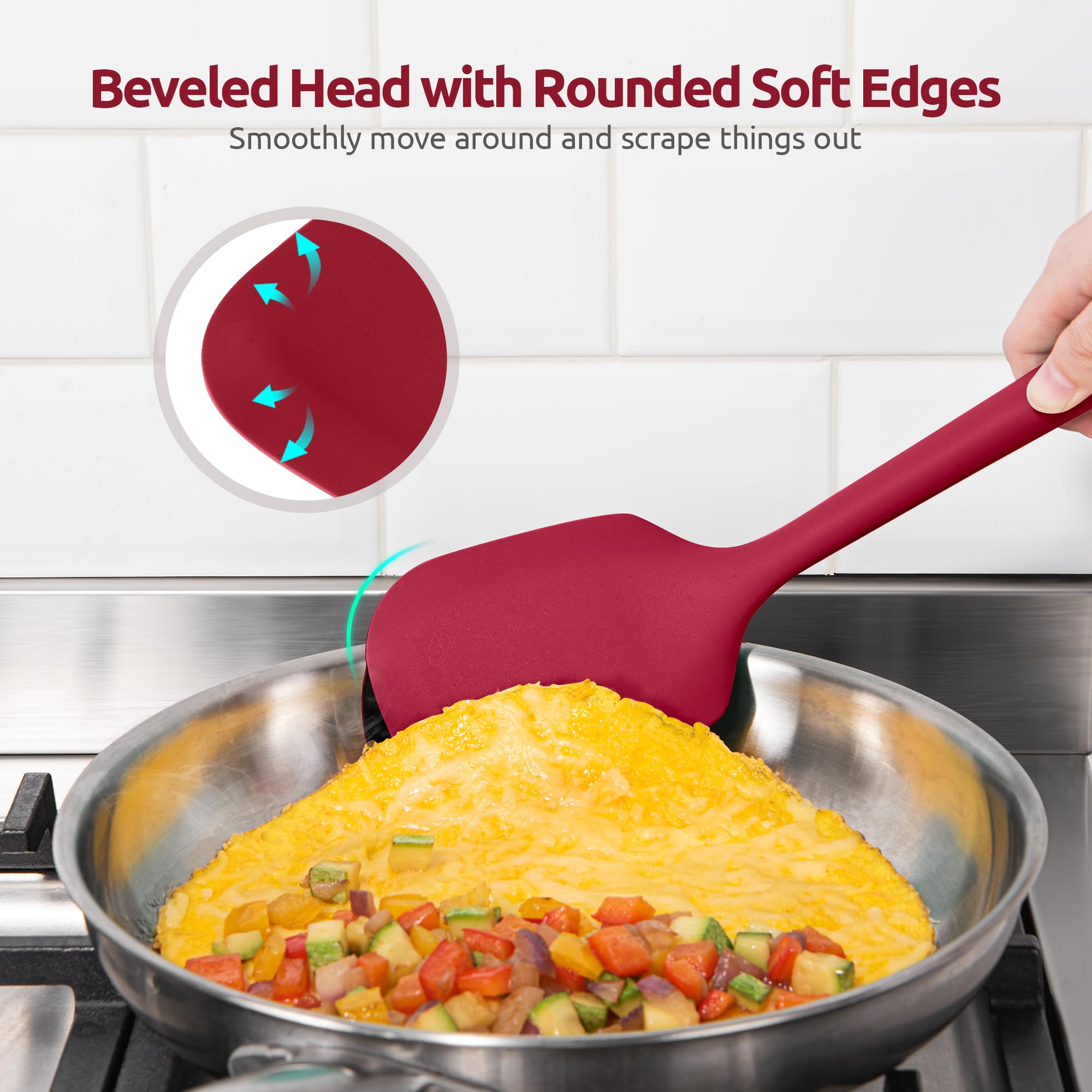 U-Taste angle view of red silicone utensils, ergonomic, heat safe.