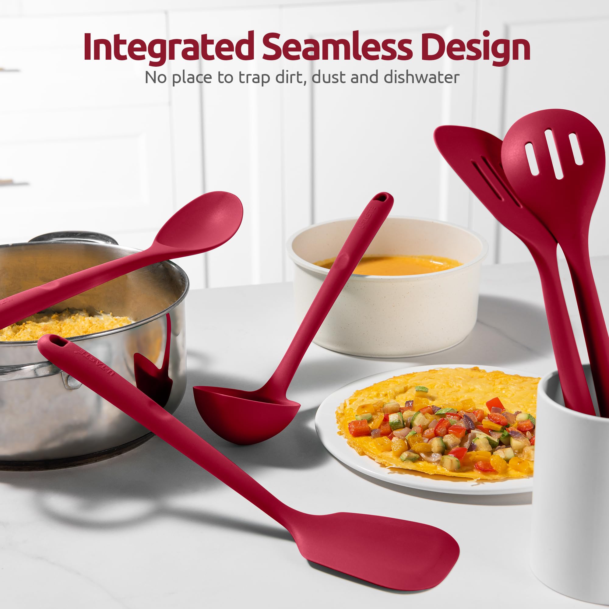 U-Taste easy clean design, red silicone utensils, durable and dishwasher safe.