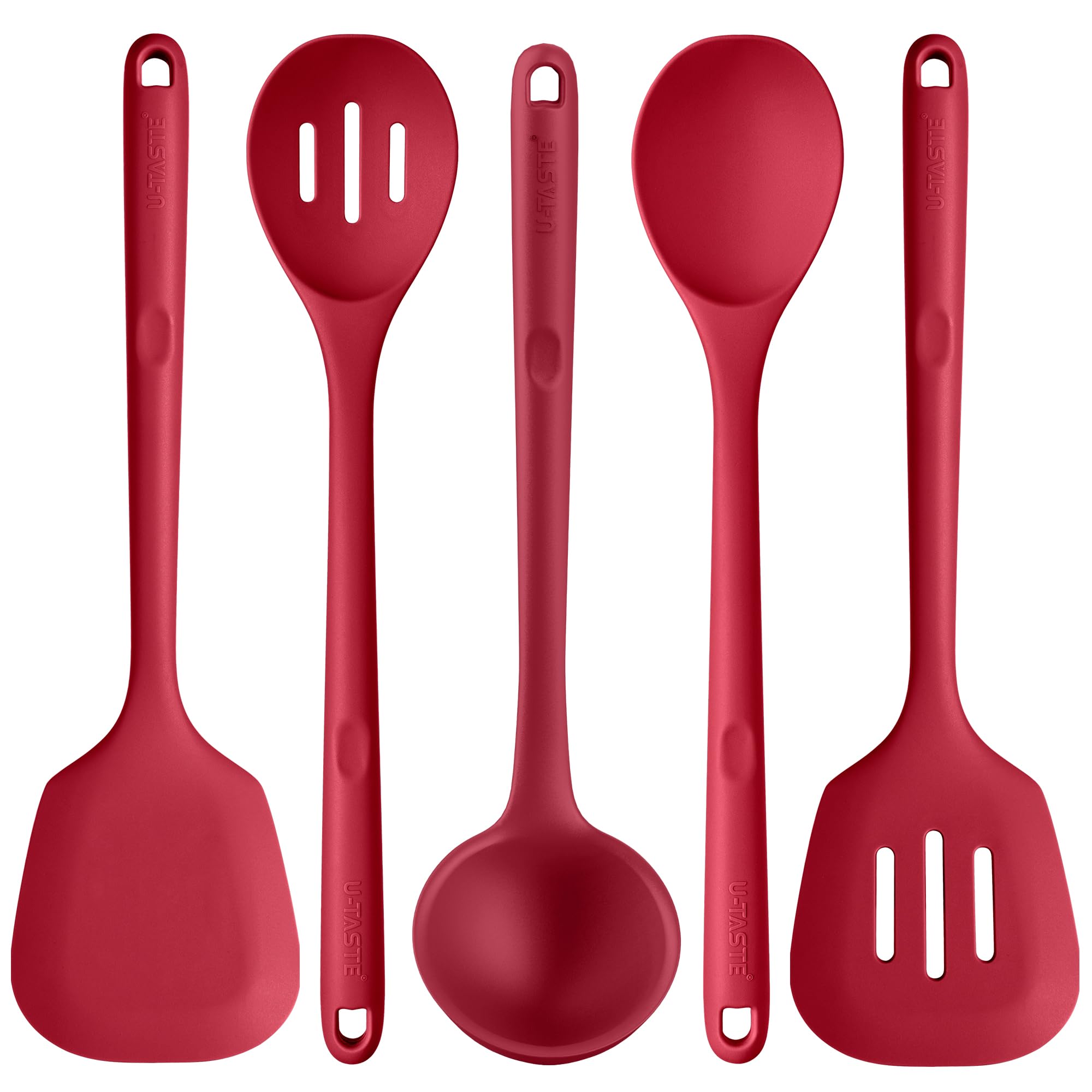U-Taste silicone spoon, red, for precise stirring without scratching non-stick pans.