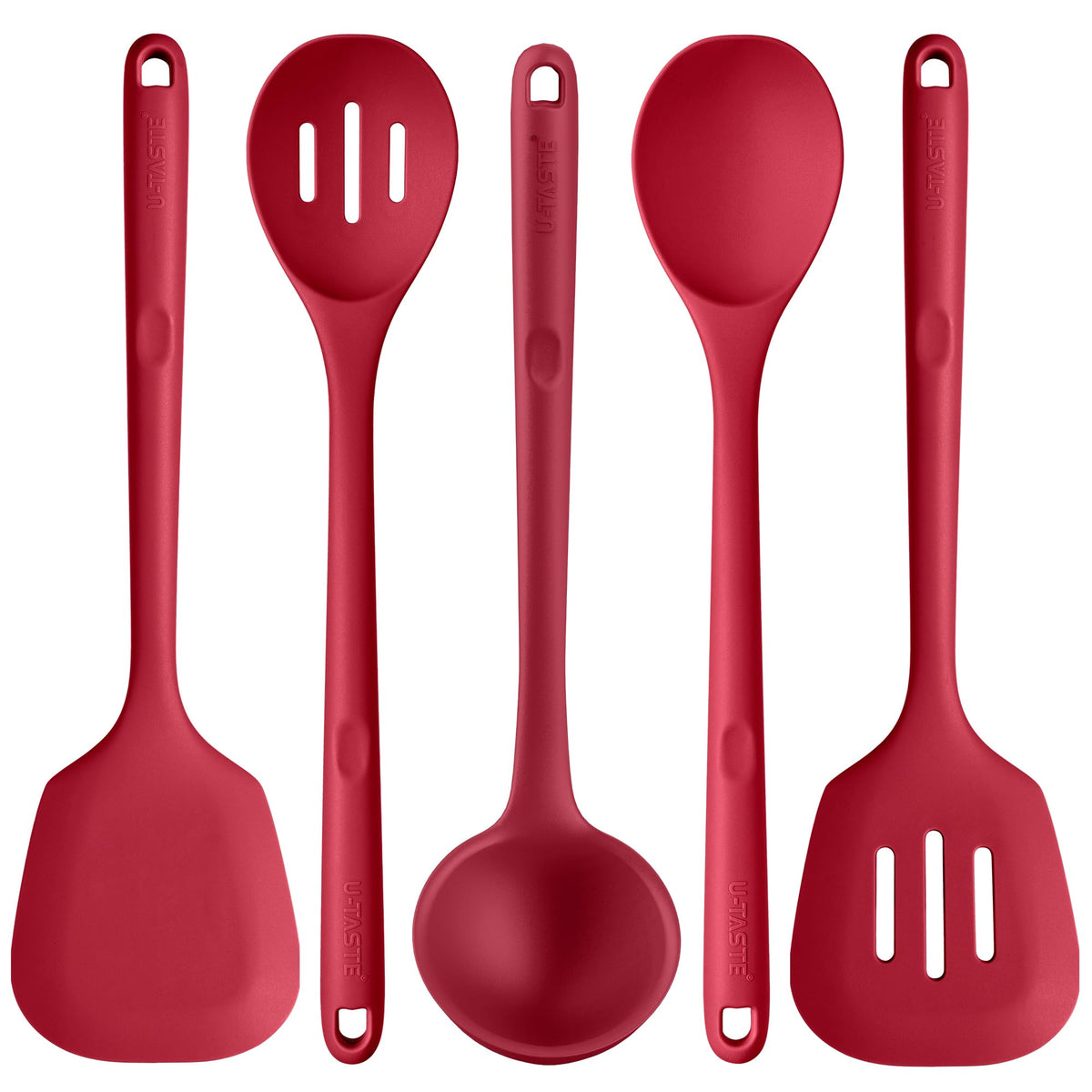 U-Taste silicone spoon, red, for precise stirring without scratching non-stick pans.