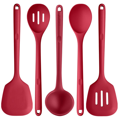 U-Taste silicone spoon, red, for precise stirring without scratching non-stick pans.