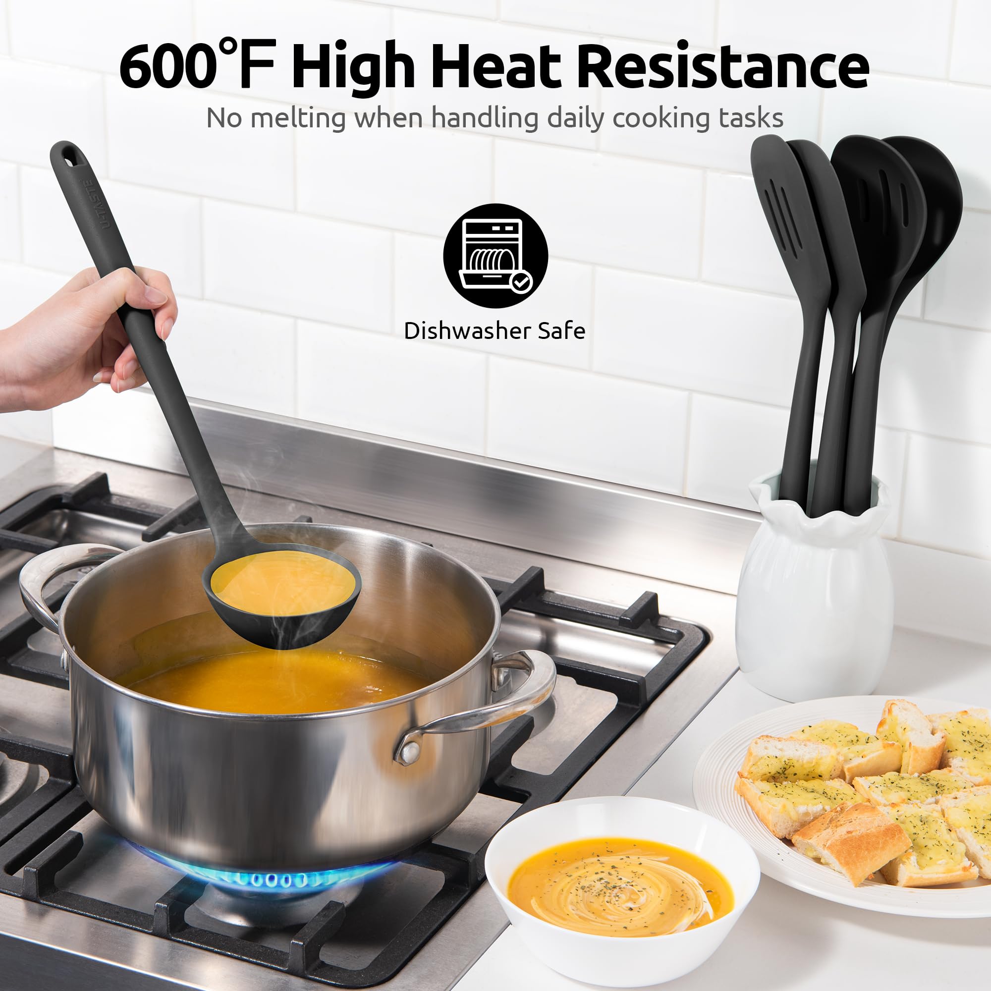 U-Taste silicone tip prevents coating damage on nonstick pots.