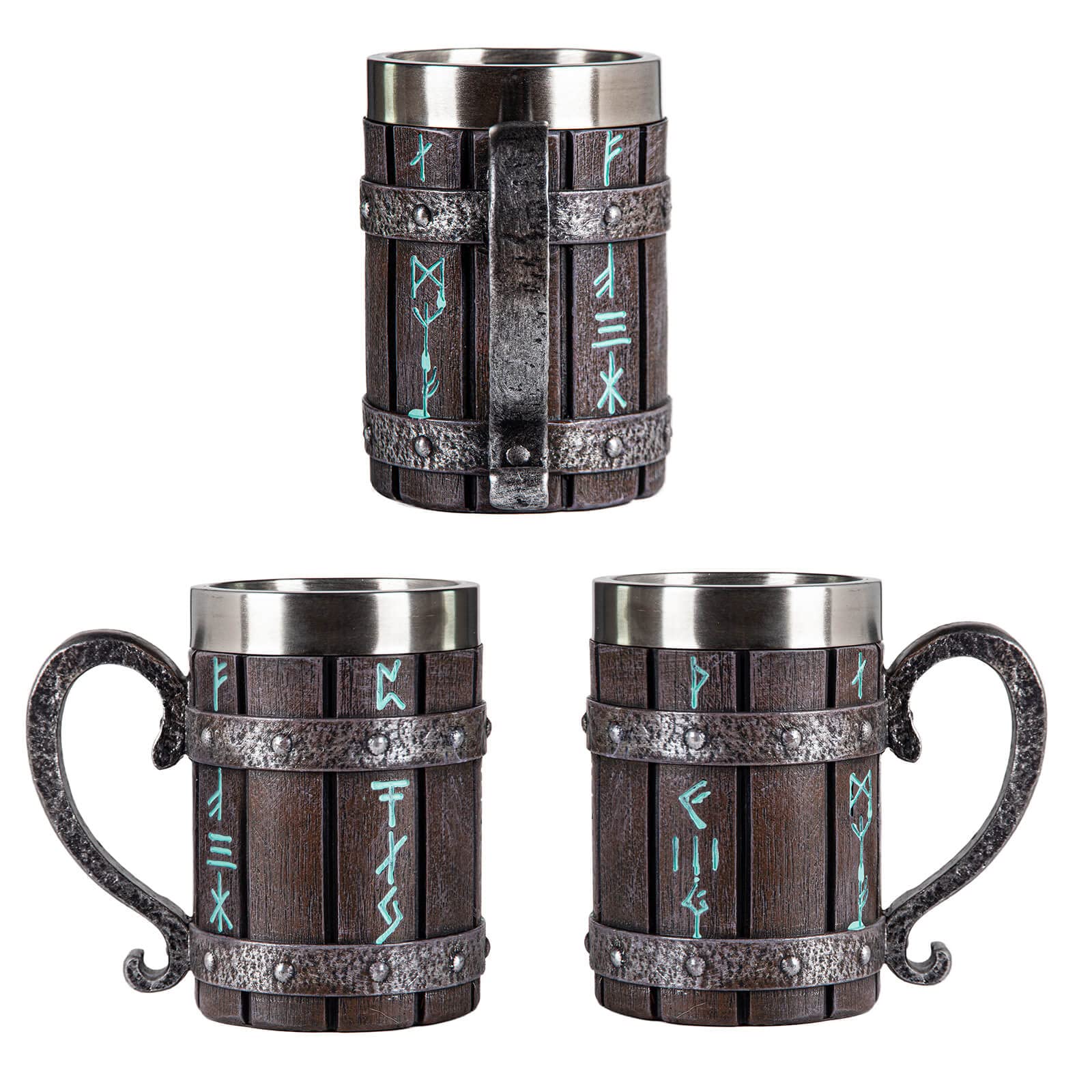 UCOMINS wooden-barrel style rune mug evokes vintage Norse charm on any table.