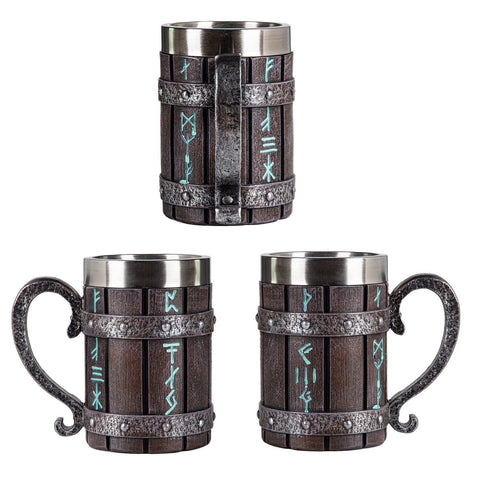 UCOMINS wooden-barrel style rune mug evokes vintage Norse charm on any table.
