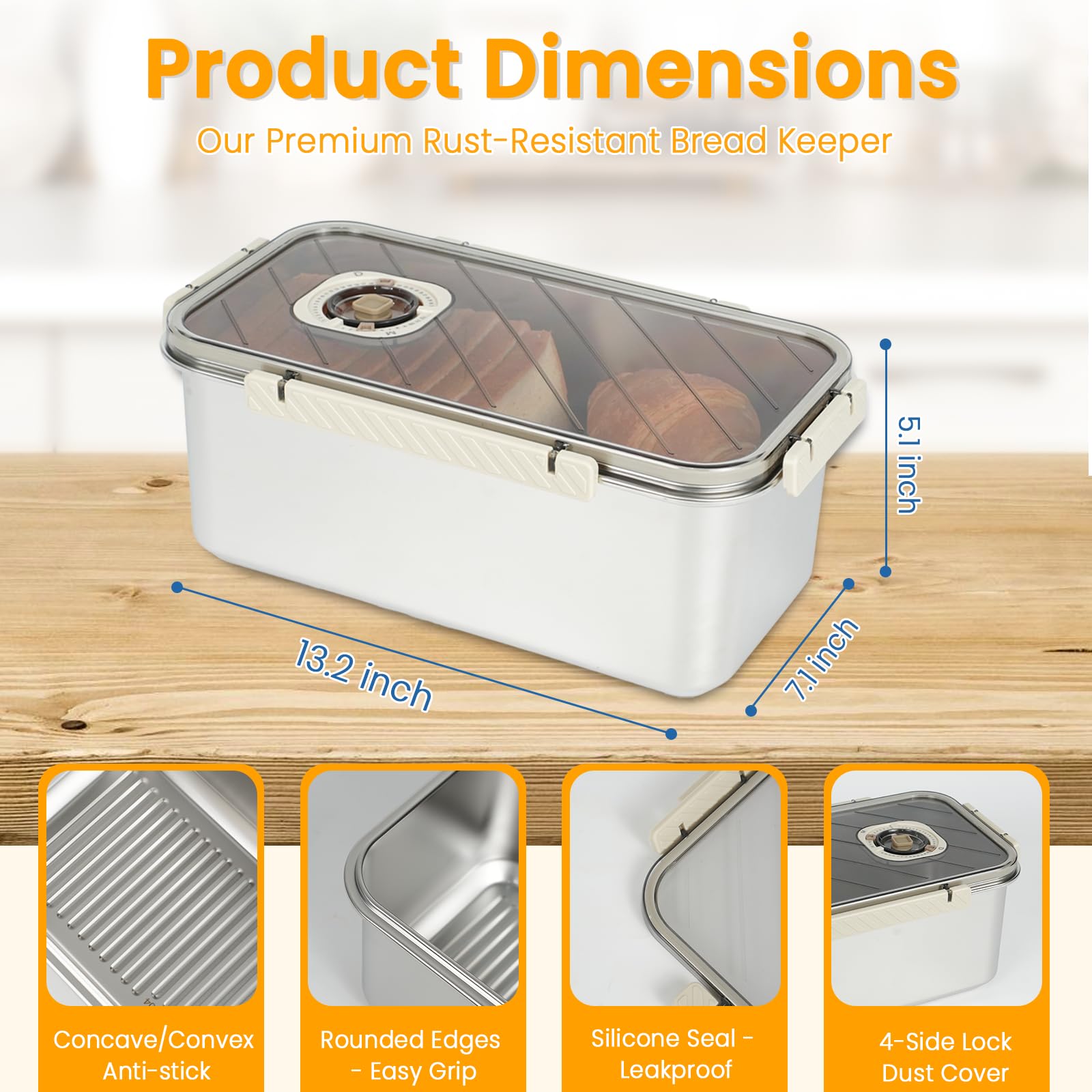 udnmlaiebot bread container front view shows a sleek, rust-resistant steel finish for modern kitchens.