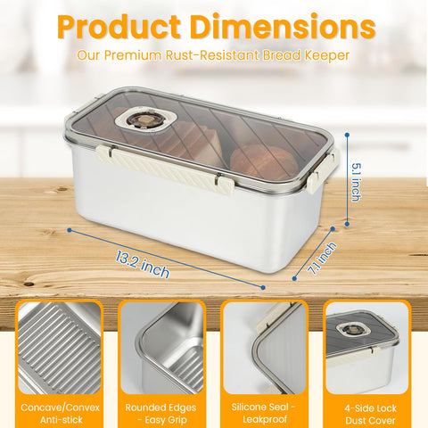udnmlaiebot bread container front view shows a sleek, rust-resistant steel finish for modern kitchens.
