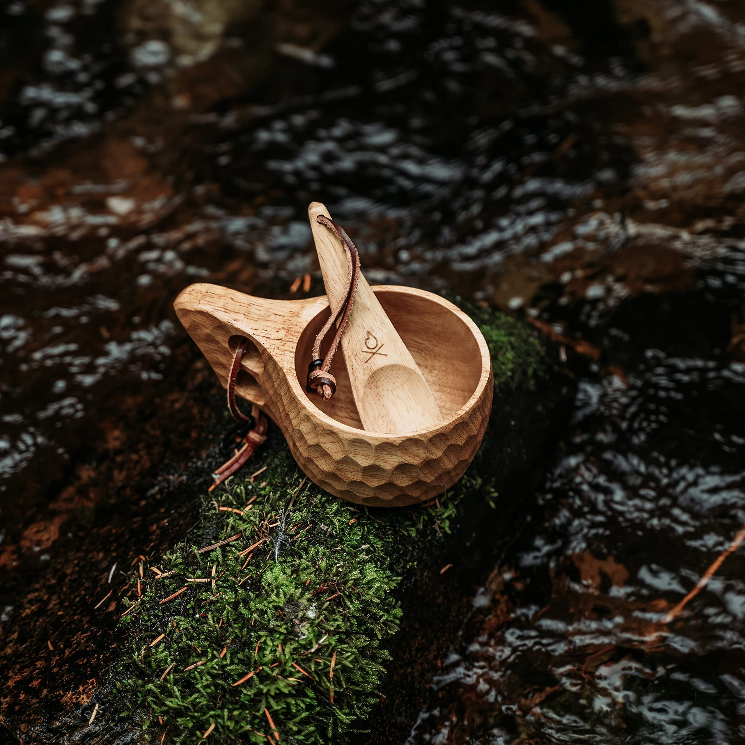 ueberleben Kuksa cup with leather lanyard and carabiner for easy trail transport.